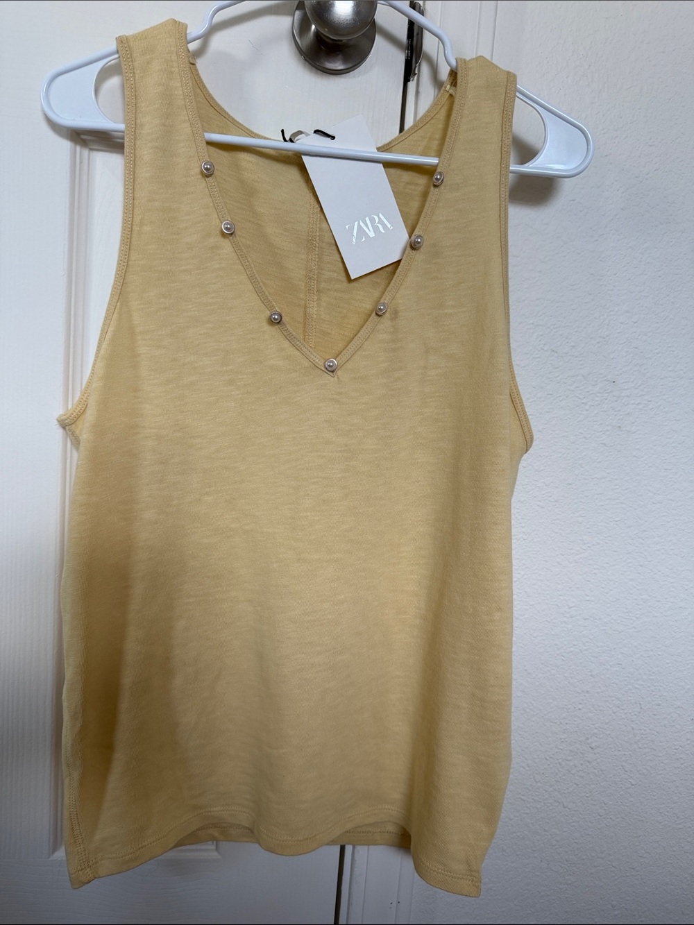 Zara Pale Yellow V-Neck Tank with Pearl Studs